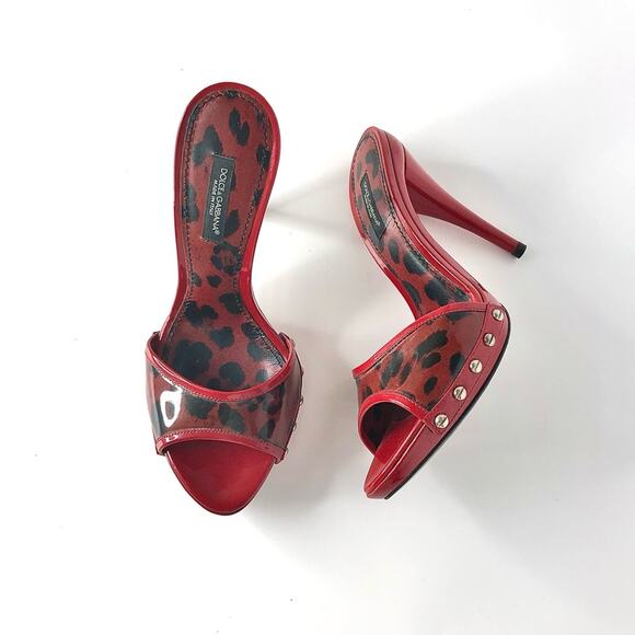 Dolce & Gabbana Patent Leopard Print Studded Slip On Mules Sandals 37 - Picture 1 of 7